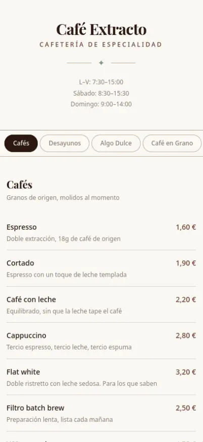 Carta — cafés de especialidad